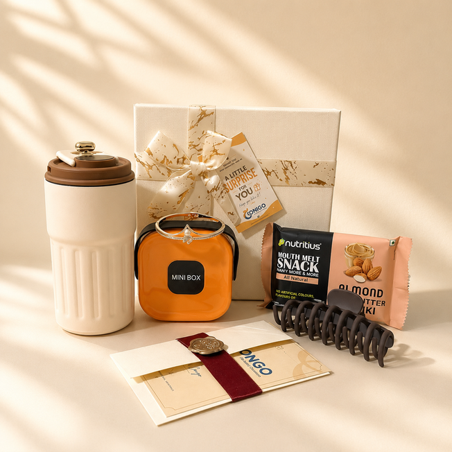 Premium Women's Gift Box with Travel Mug, Snack Box, Hair Claw Clip & Bracelet | Thoughtful Gift Hamper