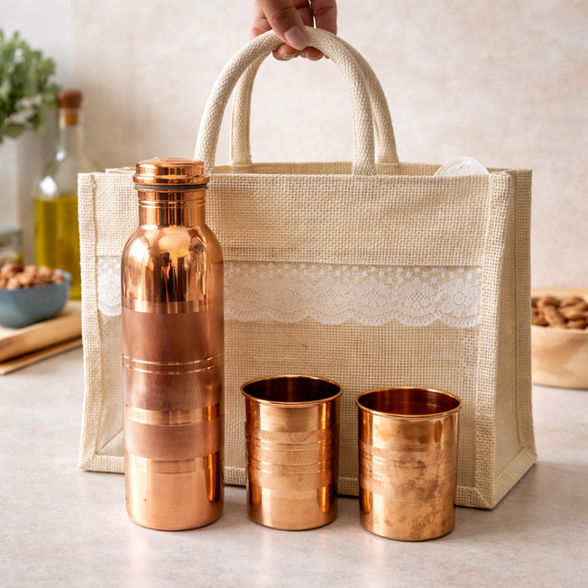 Jute Bag Gift Set with Copper Bottle & 2 Copper Glasses