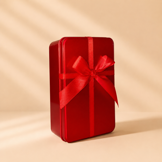 Premium Red Metal Gift Tin Box with Ribbon – 7.5 x 4.5 x 2 Inch Decorative Gift Packaging Box