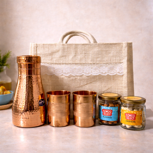 Luxury Jute Bag Gift Set with Copper Bottle, Glasses & Dry Fruits