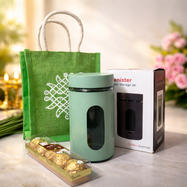 Festive Gift Set with Jute Bag, Storage Jar & Chocolates – Elegant Return Gift
