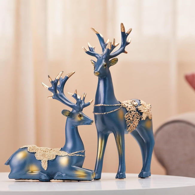 Luxury Deer Couple Showpiece Set | Decorative Resin Deer Figurines for Living Room, Bedroom & Office | Modern Tabletop Home Décor Gift Set (Blue & Gold, 28 cm)