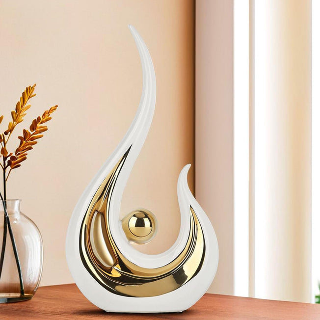 Modern Abstract White & Gold Ceramic Sculpture – Luxury Home Decor Showpiece for Living Room & Office