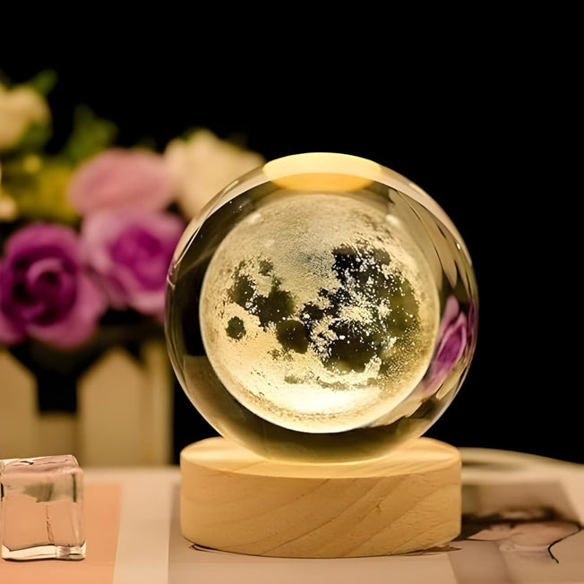3D Moon Crystal Ball Night Light with Wooden Base – LED Glass Sphere Lamp for Bedroom, Home Decor & Gifting