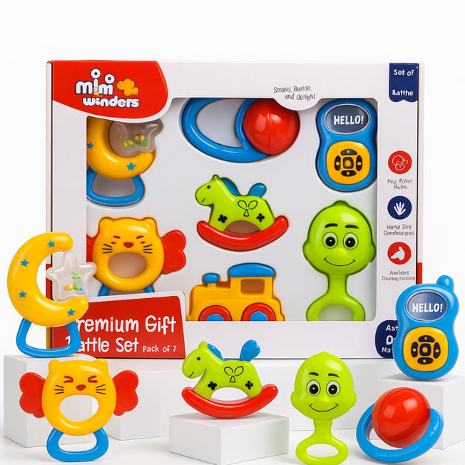 Baby Rattle Gift Set of 7 for Newborns – Colorful Sensory Toys & Teething Rattles (0–12 Months)