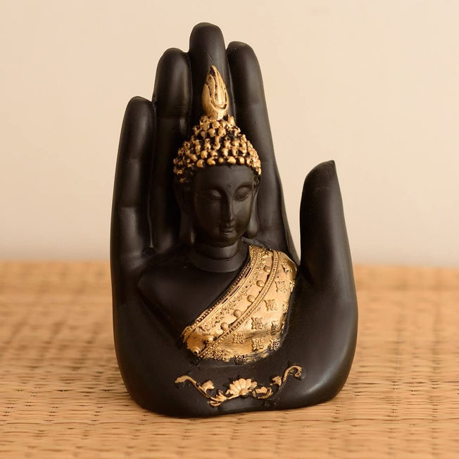 Black & Gold Palm Buddha Statue – Handcrafted Resin Spiritual Showpiece for Home Decor & Meditation Spaces