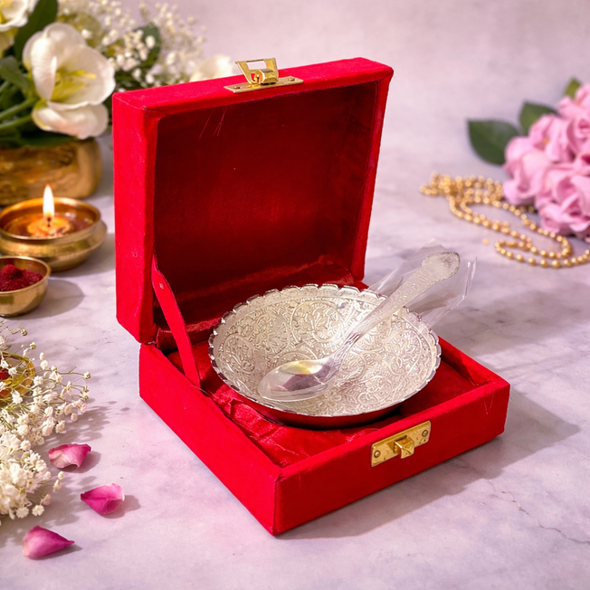 Silver-Plated Haldi Kumkum Bowl Set with Velvet Gift Box & Spoon