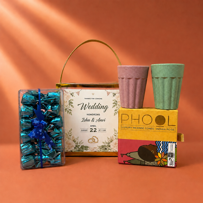 Personalized Wedding Return Gift Hamper with Chai Cups, Phool Dhoop Cones & Chocolate Box | Premium Wedding Favor Set