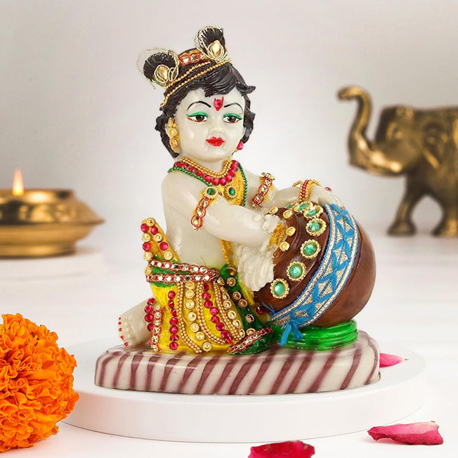 Lord Krishna Makhan Chor Idol Statue | Decorative Krishna Showpiece for Home Temple, Living Room & Office Décor (19 x 15 x 9 cm)