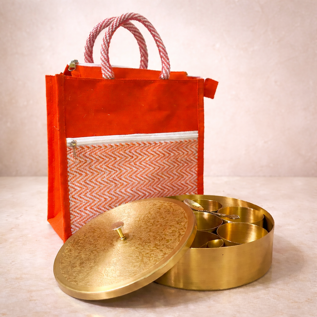 Premium Brass Masala Dabba (Spice Box) Gift Set with Jute Bag & Spoon