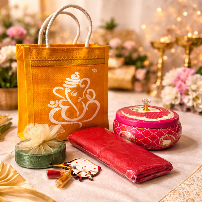 Traditional Haldi Kumkum Gift Set with Pichwai Jar, Jute Bag & Blouse Piece