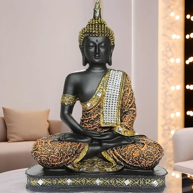 Premium Black & Gold Meditating Buddha Statue – Luxury Resin Home Decor Showpiece for Living Room & Meditation Spaces