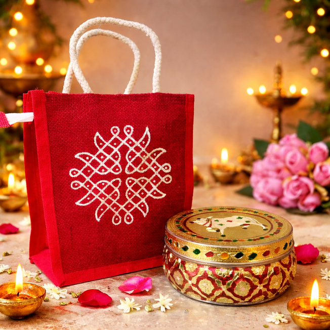 Elegant Gift Set with Decorative Jar & Jute Bag – Traditional Return Gift
