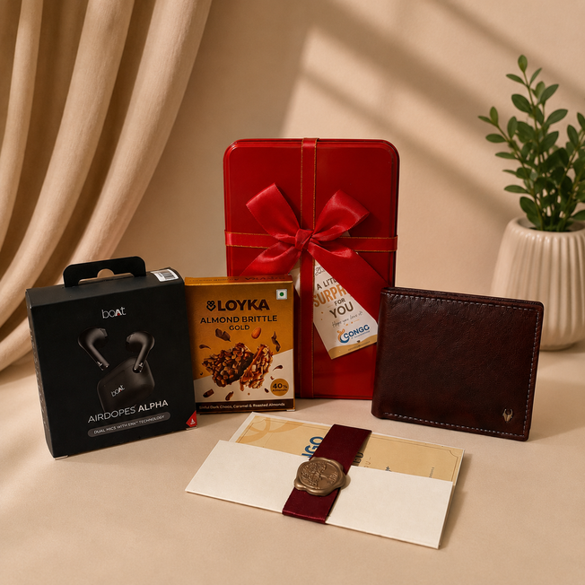 Premium Executive Gift Hamper with Earbuds, Wallet & Gourmet Treats