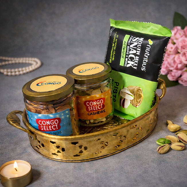 Premium Dry Fruits Gift Set with Brass Tray | Almonds, Cashews & Pistachios | Luxury Return Gift Hamper