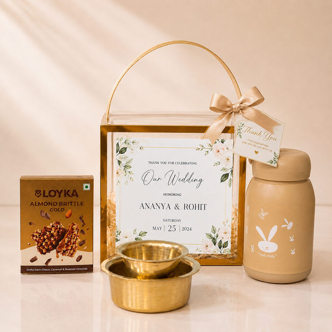 Wedding Return Gift Hamper with Water Bottle, Brass Dabara Set & Almond Brittle | Premium Wedding Favors Gift Box