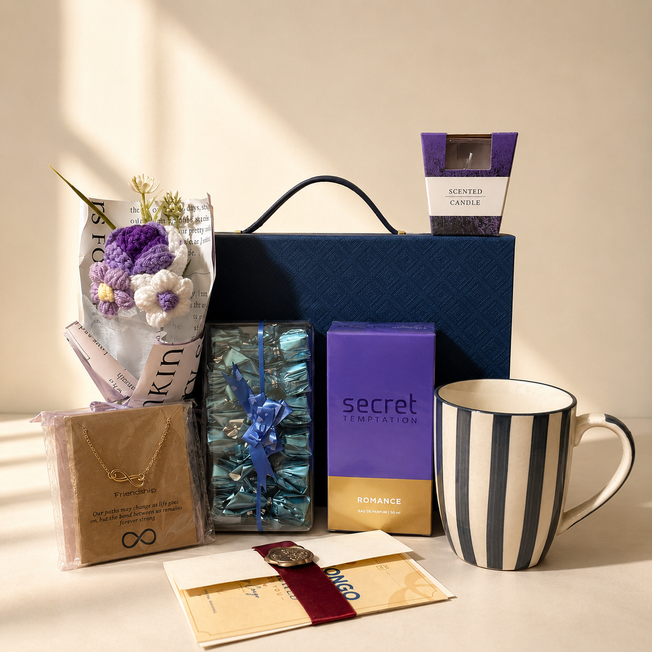 Luxury Gift Hamper with Perfume, Mug, Candle, Friendship Necklace & Crochet Flowers