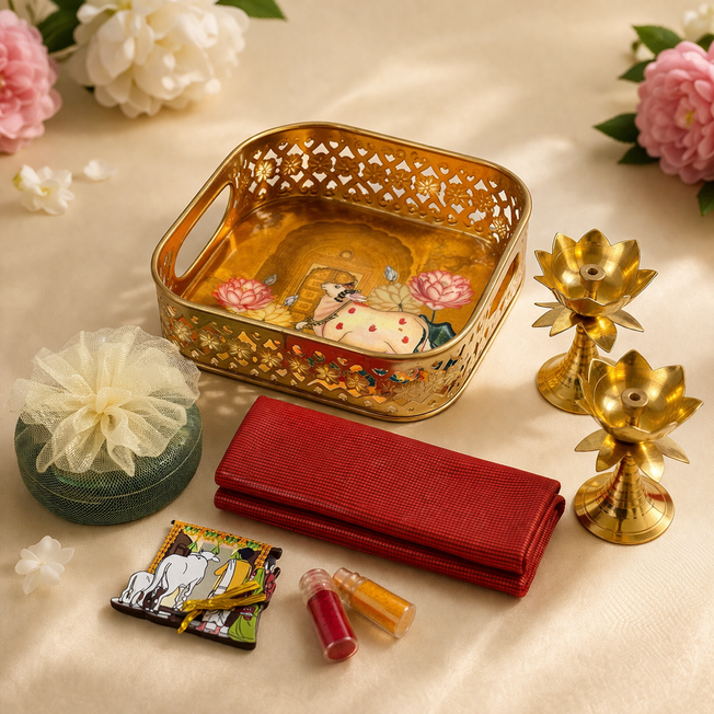 Premium Wedding Return Gift Tray Set with Brass Diyas, Haldi Kumkum & Festive Essentials