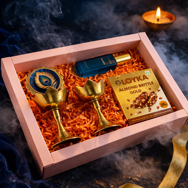 Luxury Festive Gift Box with Brass Diyas, Almond Brittle & Fragrance Set