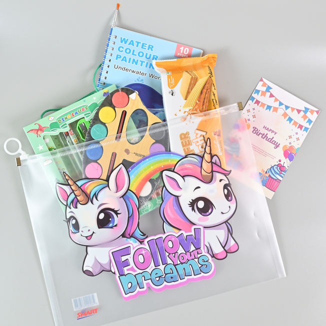 Ultimate Kids Return Gift Combo – Water Colour Book, Painting Kit, Stationery Set, Wafer Treat & Unicorn Pouch | Birthday Party Favors