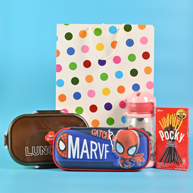 Kids Utility Return Gift Combo with Lunch Box, Pencil Pouch & Bottle | Birthday Gift Set