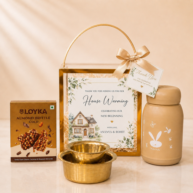 Personalized Housewarming Return Gift Hamper with Water Bottle, Brass Dabara Set & Almond Brittle | Premium Griha Pravesh Gift Box