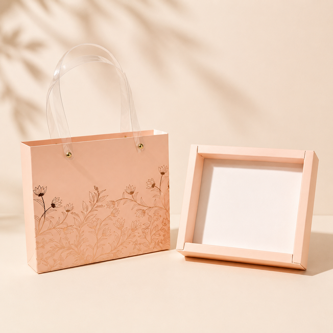 Premium Floral Gift Hamper Tray with Matching Carry Bag – 9 x 7.5 x 1.5 Inch Pink Gift Packaging Set