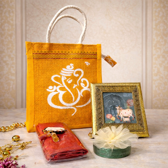 Traditional Ganesha Jute Gift Set with Decorative Frame & Essentials