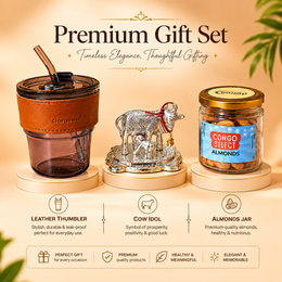 Personalized Housewarming Gift Hamper with Leather Tumbler, Cow Idol & Almond Jar | Premium New Home Gift Set