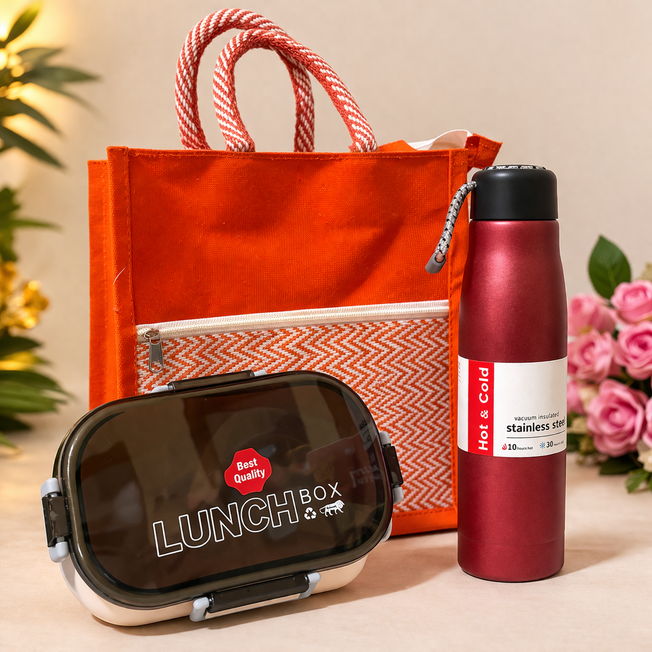 Lunch Gift Set with Jute Bag, Lunch Box & Insulated Water Bottle