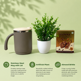 Personalized Housewarming Return Gift Hamper with Stainless Steel Mug, Artificial Plant & Almond Brittle | Premium PVC Gift Box