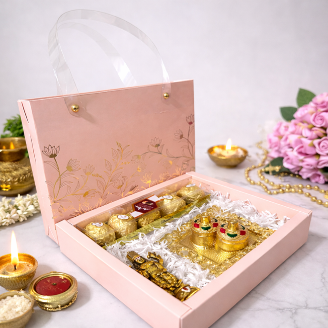 Luxury Haldi Kumkum Gift Box with Gold Plated Set & Chocolates