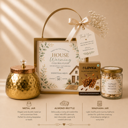 Personalized Housewarming Gift Hamper with Metal Storage Jar, Almond Brittle & Makhana Jar | Premium Return Gift
