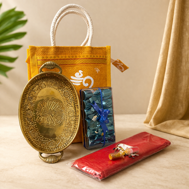Premium Festive Gift Set with Jute Bag, Pure Brass Tray, Chocolates, Blouse & Haldi Kumkum