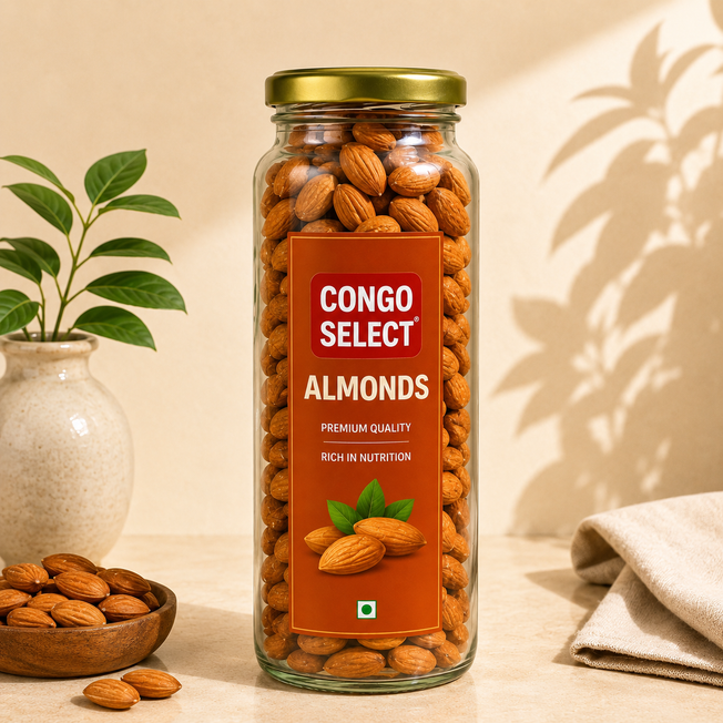 Congo Select Premium Almonds – Large Glass Jar | Crunchy Badam | Fresh & Nutritious Dry Fruits
