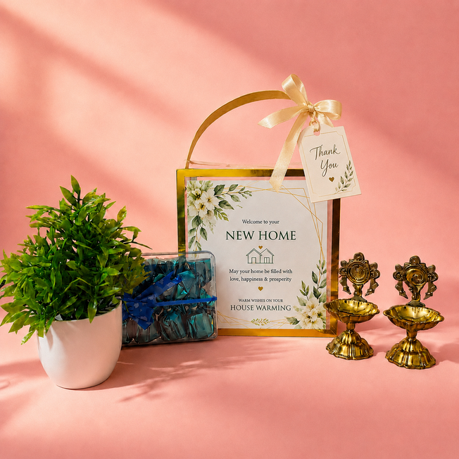 Personalized Housewarming Return Gift Hamper with Brass Diya Set, Artificial Plant & Chocolate Box | Premium New Home Gift