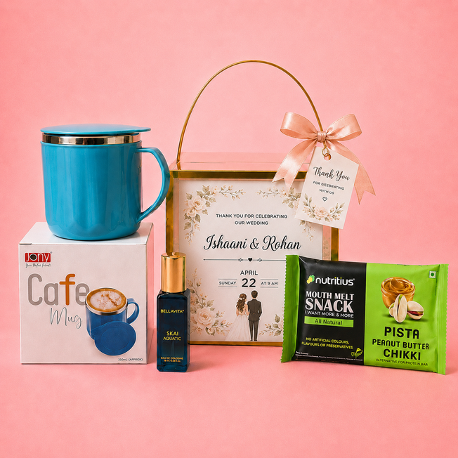 Personalized Wedding Return Gift Hamper with Cafe Mug, Perfume & Healthy Snack | Premium Wedding Favors Gift Box