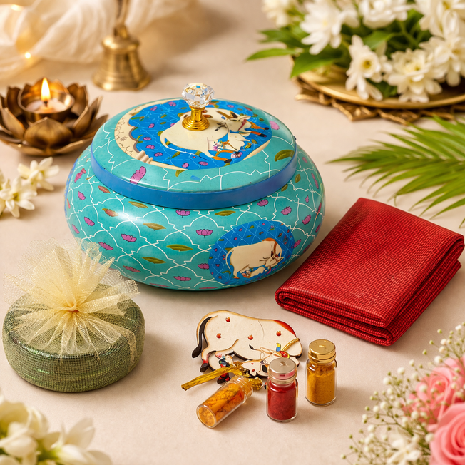 Pichwai Handcrafted Haldi Kumkum Gift Set with Decorative Jar & Blouse Piece