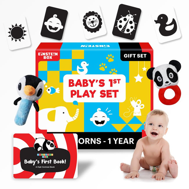 High Contrast Baby Gift Set for Newborns (0–12 Months) – Flash Cards, Sensory Book & Soft Rattles