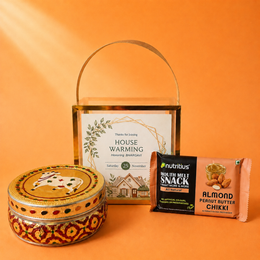 Personalized Housewarming Return Gift Hamper with Meenakari Box & Almond Chikki | Premium PVC Gift Box