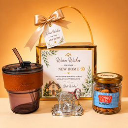 Personalized Housewarming Gift Hamper with Leather Tumbler, Cow Idol & Almond Jar | Premium New Home Gift Set