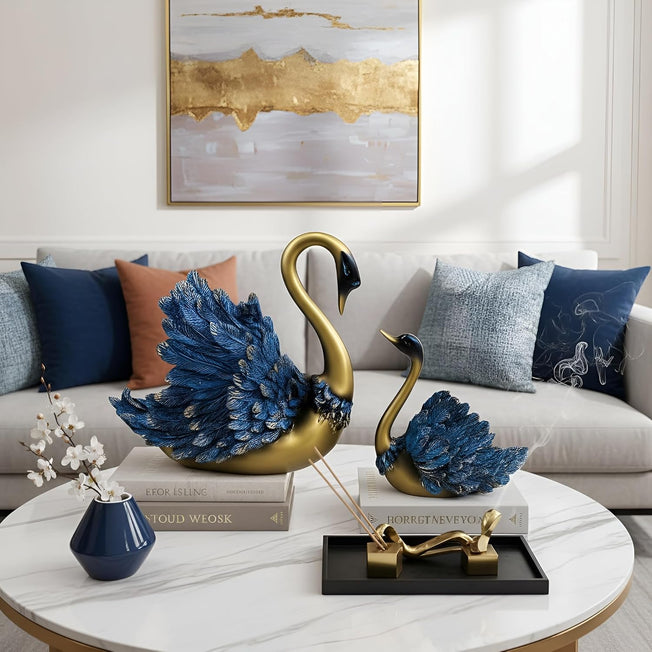 Luxury Swan Couple Showpiece Set | Decorative Resin Swan Figurines for Living Room, Bedroom & Office | Elegant Blue & Gold Tabletop Home Décor Gift Set