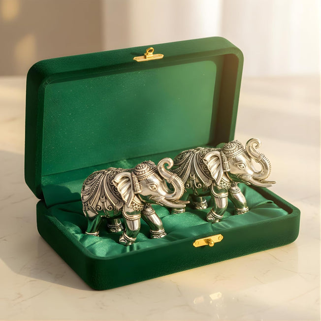 999 Pure Silver Plated Elephant Idol Set (Pack of 2) – Handcrafted Decorative Showpiece for Home, Office & Gifting