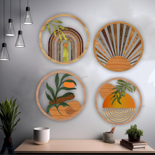 Boho Wooden Wall Art Set of 4 | Decorative Wall Hanging Plates for Living Room, Bedroom, Hallway & Office Décor