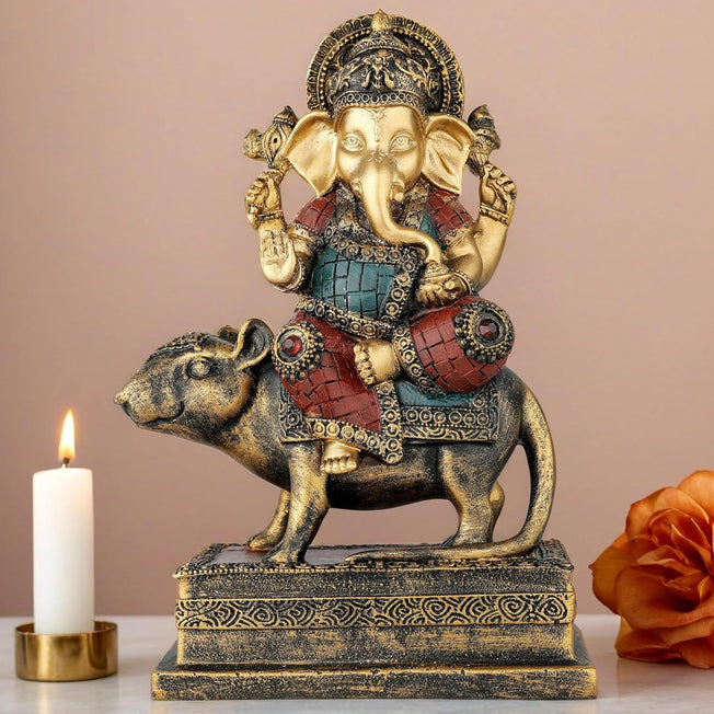 Lord Ganesha on Mushak Idol – Decorative Ganpati Statue for Home, Office & Pooja Decor