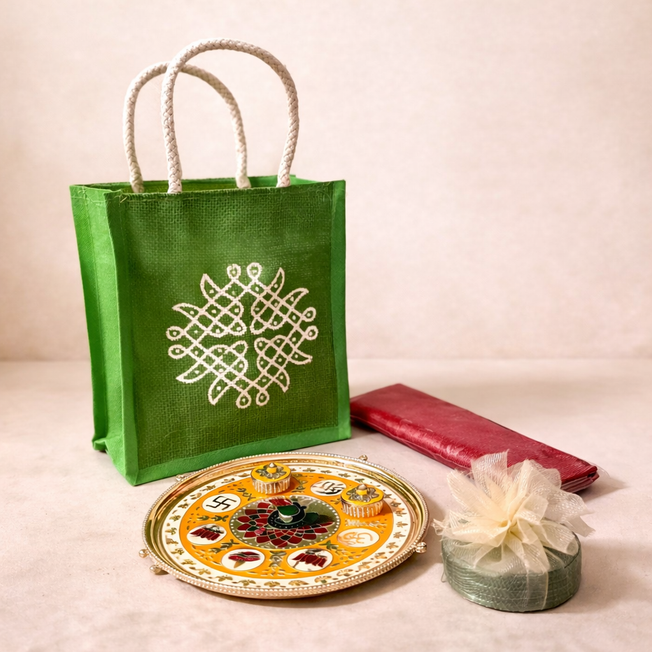 Traditional Festive Gift Set with Jute Bag, Decorative Plate, Bangles & Blouse Piece