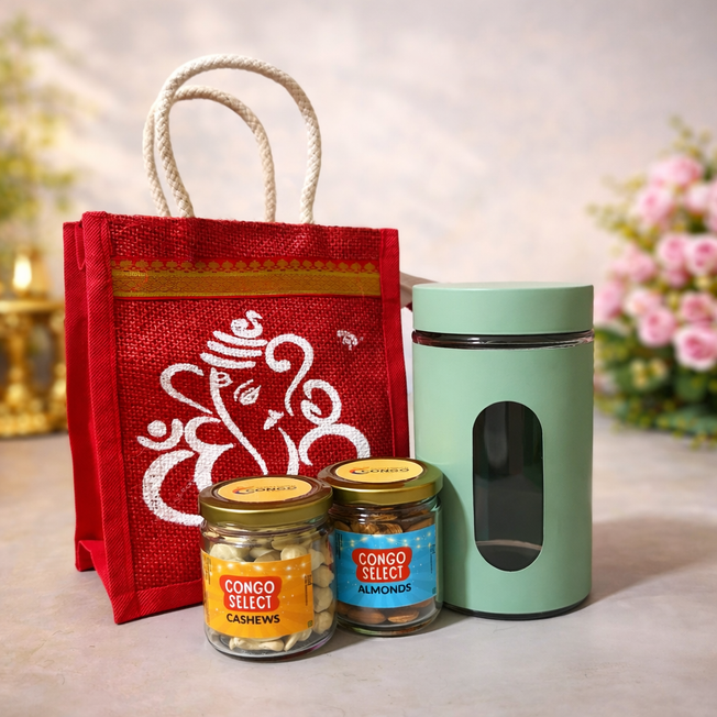 Premium Nuts Gift Set with Storage Jar & Jute Bag – Cashews & Almonds Hamper