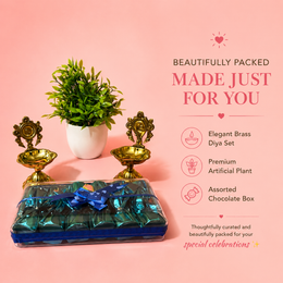 Personalized Housewarming Return Gift Hamper with Brass Diya Set, Artificial Plant & Chocolate Box | Premium New Home Gift
