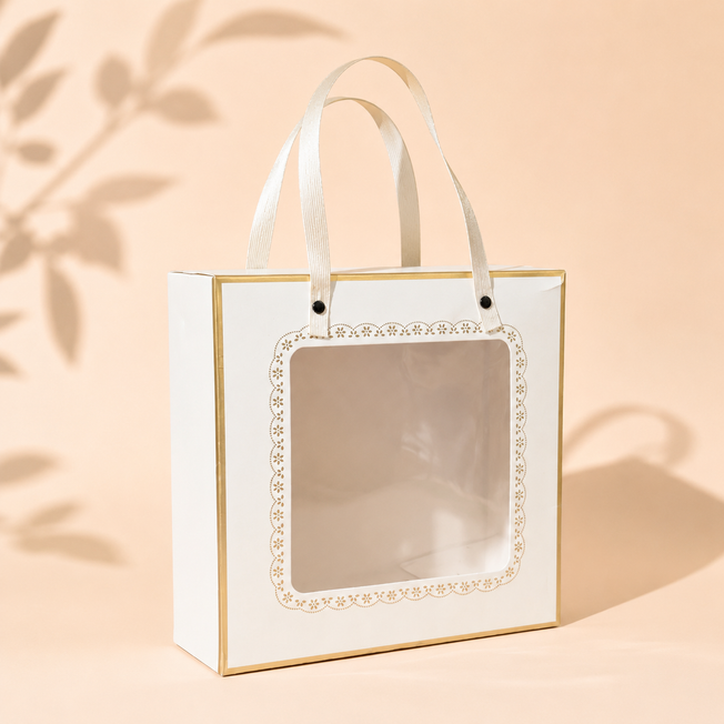 Premium White Window Gift Box with Ribbon Handles – 10 x 10 x 4 Inch Elegant Gift Packaging Box