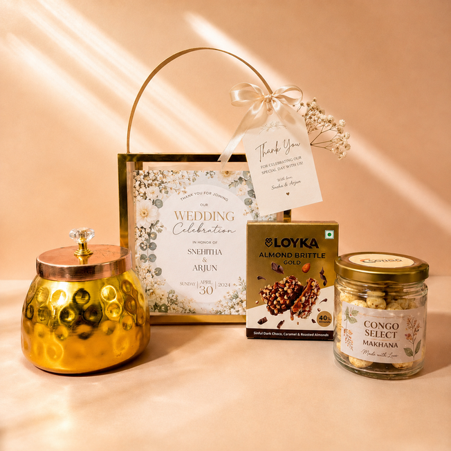 Luxury Wedding Return Gift Hamper with Metal Jar, Almond Brittle & Makhana Jar | Personalized Wedding Favor Box